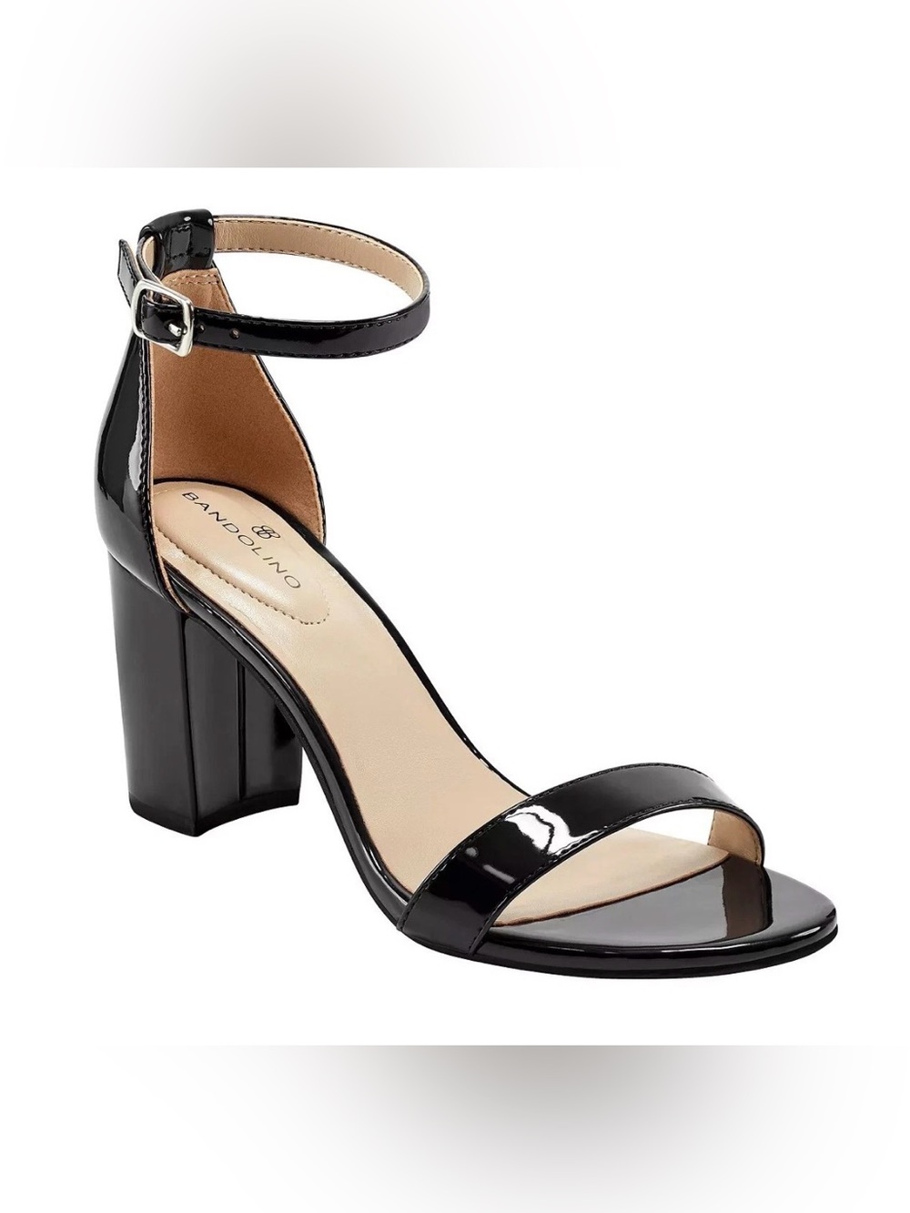 NIB Bandolino Armory3 Dark Blue Patent Ankle Strap Block Heel Sandals Size 7.5M
